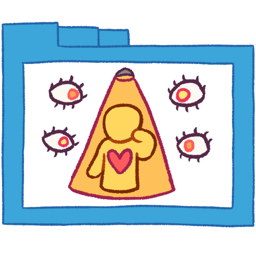 A hollow blue folder with thin lineart. It contains an emoji yellow person under a spotlight, holding their hand by their face, with a pink heart on their chest. There are two floating eyes to either side of them, all looking at them.